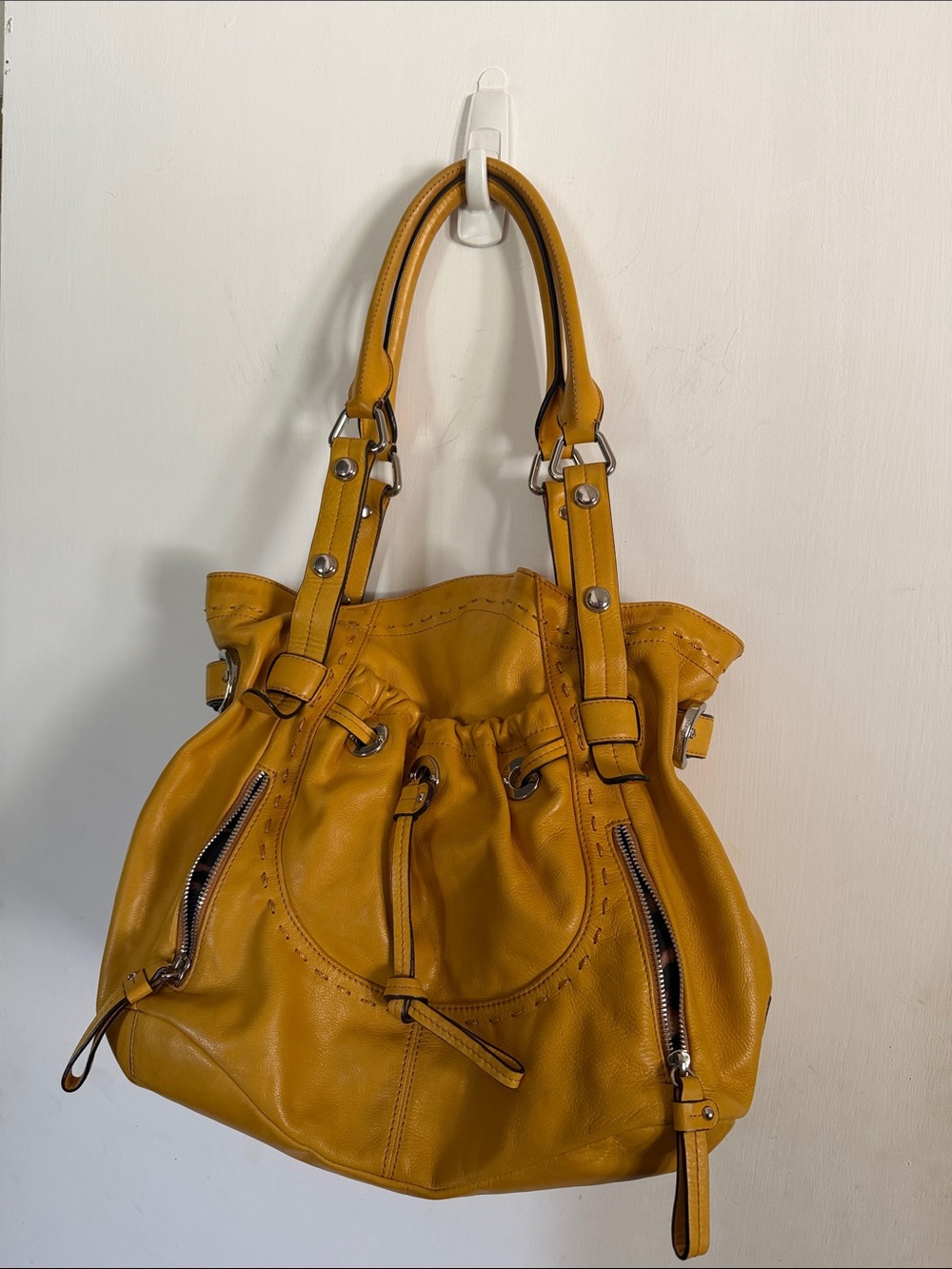 b. makowsky Mustard Yellow Leather Drawstring Shoulder Bag